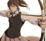  1girl aiming arrow_(projectile) black_vest bow_(weapon) breasts brown_eyes brown_hair brown_skirt closed_mouth collared_shirt commentary cowboy_shot dirty dirty_face drawing_bow english_commentary floating_hair foreshortening hanpetos holding holding_bow_(weapon) holding_weapon long_sleeves medium_breasts pleated_skirt ponytail sasha_braus shingeki_no_kyojin shirt sidelocks skirt smile solo tumblr_username upper_body vest weapon white_shirt 