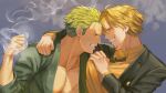  2boys bara black_jacket black_necktie blonde_hair eye_contact facial_hair formal green_hair green_kimono grey_background highres hug jacket japanese_clothes kimono looking_at_another male_focus multiple_boys muscular muscular_male naughty_face necktie one_piece pectorals poipoisky72 roronoa_zoro sanji_(one_piece) scar scar_on_chest shirt short_hair smile smoke v-shaped_eyebrows yaoi yellow_shirt 