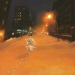  animal_crossing black_eyes blue_hair blush building closed_mouth commentary fawn_(fawnyawns) full_body grey_sweater headphones highres lamppost long_sleeves night outdoors road scarf scenery sherb_(animal_crossing) short_hair sky snow snowing standing street sweater symbol-only_commentary white_scarf winter 