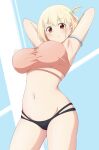  1girl armlet armpits arms_up bikini blonde_hair blush breasts closed_mouth cowboy_shot from_below highres impossible_clothes large_breasts looking_at_viewer looking_down lycoris_recoil masakin mismatched_bikini navel nishikigi_chisato one_side_up red_eyes short_hair smile solo stomach swimsuit 