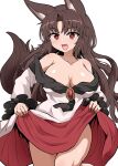  +_+ 1girl animal_ears bare_shoulders breasts brown_hair chups claws cleavage clothes_lift collarbone cowboy_shot dress fang hair_intakes highres imaizumi_kagerou jewelry large_breasts lifted_by_self long_hair long_sleeves looking_at_viewer off-shoulder_dress off_shoulder puffy_long_sleeves puffy_sleeves red_eyes red_nails skirt skirt_lift solo tail touhou wavy_hair white_background white_dress wolf_ears wolf_girl wolf_tail 