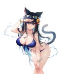  1girl absurdres animal_ear_fluff animal_ears arm_up bare_shoulders bead_bracelet beads bikini black_hair blue_bikini blue_eyes bracelet breasts cat_ears cat_girl cat_tail cleavage closed_mouth collarbone covering_own_eyes de_yi earrings extra_ears eyewear_on_head feet_out_of_frame flower front-tie_bikini_top front-tie_top hair_flower hair_ornament halterneck heart heart-shaped_pupils highres jewelry large_breasts leaning_forward light_smile long_hair looking_at_viewer navel original red_pupils side-tie_bikini_bottom sidelocks simple_background solo standing sunglasses swimsuit symbol-shaped_pupils tail tail_raised thighs very_long_hair water white_background 