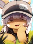  absurd_res anthro clothing digital_media_(artwork) fangs female fur hat headgear headwear hi_res laying_on_grass light looking_at_viewer made_in_abyss nanachi skalelsky smug_expression solo sunlight supporting_head tan_body tan_fur teeth yellow_eyes 