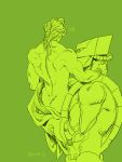  2boys butt_crack carrying carrying_person dio_brando from_behind green_theme jojo_no_kimyou_na_bouken male_focus merumeru626 monochrome multiple_boys stand_(jojo) stardust_crusaders the_world topless_male towel_around_waist 