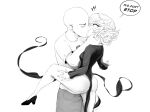  1boy 1girl artist_request ass bald bare_legs blush breasts cargo_pants closed_eyes curly_hair english_text greyscale hand_around_neck height_difference high_heels highres kiss leg_between_thighs leg_up long_sleeves monochrome no_panties one-punch_man pants pelvic_curtain pumps saitama_(one-punch_man) shirt short_hair small_breasts surprise_kiss surprised t-shirt tatsumaki thought_bubble 