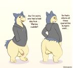  anthro backsack balls big_butt bottomless butt clothed clothing dabelette dialogue eyewear foreskin generation_2_pokemon genitals glasses hoodie hoodie_only humanoid_genitalia humanoid_penis male nintendo penis pokemon pokemon_(species) round_glasses short_legs smile solo thick_thighs topwear topwear_only typhlosion 