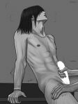  1boy abs artist_name black_hair censored chain_necklace chainsaw_man earrings einruji english_text greyscale hair_over_eyes hand_on_table hayakawa_aki heavy_breathing highres jewelry male_focus male_masturbation masturbation medium_hair monochrome necklace nipples nude on_table open_mouth parted_lips simple_background sitting sitting_on_table solo_focus stud_earrings table 