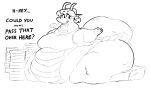  5_fingers anthro belly big_belly black_and_white bodily_fluids breath bubbiedragon dragon ear_fins english_text fat_arms fat_legs female fin fingers hi_res horn huge_belly monochrome morbidly_obese morbidly_obese_anthro morbidly_obese_female obese obese_anthro obese_female overweight overweight_anthro overweight_female solo sweat sweatdrop text 