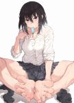  1girl absurdres barefoot batatata77 black_hair breasts cleavage food food_in_mouth greek_toe highres legwear_removed long_hair looking_at_viewer original pleated_skirt popsicle purple_eyes school_uniform simple_background skirt solo spread_legs sweat toes white_background 