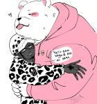  2023 anthro bear bepo blush clothing duo embrace hoodie hug human human_on_anthro humanoid_hands interspecies male mammal minkmen_(one_piece) nekokat42 one_piece overweight polar_bear tattoo text tongue tongue_out topwear trafalgar_law translation_request ursine 