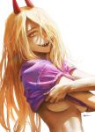  +_+ 1girl :d blonde_hair breasts character_request copyright_request etama_quomo hair_over_one_eye horns large_breasts long_hair looking_at_viewer nose open_mouth orange_eyes purple_shirt sharp_teeth shirt short_sleeves signature smile solo teeth underboob undressing upper_body very_long_hair 
