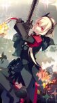  1girl assault_rifle black_jacket black_skirt blonde_hair commentary_request explosion fang from_side girls&#039;_frontline gun headset highres holding holding_gun holding_weapon jacket long_hair long_sleeves m4_sopmod_ii m4_sopmod_ii_(girls&#039;_frontline) mineta_naoki multicolored_hair open_mouth pleated_skirt red_armband red_eyes red_hair rifle skirt smile solo streaked_hair twitter_username two-tone_hair weapon 