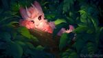  ambiguous_gender anthro claws cute_expression digital_media_(artwork) fluffy fur greenery hair head_on_arm hi_res horn leaf looking_at_viewer mammal monstera outside pink_body pink_eyes pink_fur pink_hair plant resting_head signature smile solo species_request tail tree tree_trunk windbiom 
