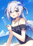  1girl amane_kanata angel angel_wings bare_shoulders blue_hair blush collarbone colored_inner_hair feathered_wings food fragir grey_hair hair_intakes hair_ornament halo highres holding holding_food holding_popsicle hololive long_hair looking_at_viewer multicolored_hair open_mouth pink_hair popsicle purple_eyes single_hair_intake solo star_halo streaked_hair two_side_up virtual_youtuber wings 
