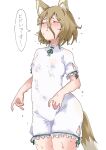  1girl animal_ear_fluff animal_ears blonde_hair closed_eyes closed_mouth colored_eyelashes fox_ears fox_tail green_ribbon highres kudamaki_tsukasa ribbon romper short_hair short_sleeves simple_background sobayu_to_tenpura solo speech_bubble tail touhou translation_request wet wet_clothes white_background white_romper 