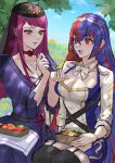  2girls alear_(female)_(fire_emblem) alear_(fire_emblem) alternate_costume bento black_choker blue_eyes blue_hair braid breasts choker cleavage commentary_request crossed_bangs crown_braid dress feeding fire_emblem fire_emblem_engage garter_straps heterochromia highres holding_bento ivy_(fire_emblem) long_hair looking_at_another meadow medium_breasts multicolored_hair multiple_girls official_alternate_costume open_mouth photoshop_(medium) purple_dress purple_eyes purple_hair red_eyes red_hair sitting smile snow20200 split-color_hair thighhighs tiara unfinished very_long_hair yuri 