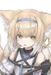  1girl animal_ears arknights bare_shoulders black_collar black_gloves blonde_hair blue_hairband blush braid braided_hair_rings clothing_cutout collar commentary_request fox_ears fox_girl fox_tail gloves green_eyes hair_between_eyes hair_rings hairband highres holding holding_staff infection_monitor_(arknights) kitsune kyuubi looking_at_viewer multicolored_hair multiple_tails oripathy_lesion_(arknights) parted_lips piennamekuzi short_hair shoulder_cutout single_glove solo staff suzuran_(arknights) tail two-tone_hair upper_body white_background white_hair 