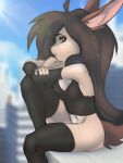  anthro clothing clothing_theft elronya fan_character female hair lagomorph leporid long_hair mammal rabbit ronya rooftop sitting solo stealing 