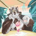  anthro arm_tuft asian_clothing bandanna beach brown_body brown_fur brown_hair canid canine canis chest_tuft clothing dessert east_asian_clothing elbow_tuft food fur furniture gakuran hair hi_res horkeu_kamui_(tas) ice_cream japanese_clothing japanese_school_uniform kerchief lifewonders male mammal muscular muscular_male nipples one_eye_closed parfait_(disambiguation) school_uniform seaside solo sonypanda table tokyo_afterschool_summoners tuft umbrella uniform white_body white_fur white_hair wolf yellow_eyes 