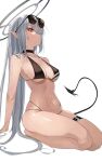  1girl black_choker blue_archive breasts choker closed_mouth collarbone commentary_request eyewear_on_head grey_hair hair_over_one_eye halo highres iori_(blue_archive) iori_(swimsuit)_(blue_archive) long_hair looking_at_viewer medium_breasts navel official_alternate_costume pisuta_(yamashiro) pointy_ears red_eyes simple_background sitting solo sunglasses swimsuit tail very_long_hair wariza wet white_background 