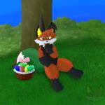  1:1 anthro basket black_body black_ears black_fur bunny_costume candy canid canine chocolate clothing container costume davy(davyluiz) davyluiz dessert detailed_background digital_media_(artwork) easter eating egg food fox fur grass green_body green_eyes green_fur hair hi_res holidays male mammal plant red_body red_fox red_fur red_hair semi-anthro shaded shrub sitting solo solo_focus tail tree watermark white_body white_fur 