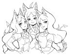  2020 animal_humanoid breasts cakecatboy canid canid_humanoid canine canine_humanoid cerberus_(helltaker) clothing demon demon_humanoid dog_humanoid female group helltaker hi_res humanoid looking_at_viewer mammal mammal_humanoid monochrome open_mouth pointed_tail signature simple_background smile text trio 