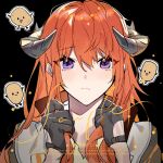  1girl 3others arknights bagpipe_(arknights) black_background black_gloves blush gloves grey_horns hands_up horns jacket long_hair looking_at_viewer multiple_others orange_hair potato purple_eyes straight_hair wanwan_huo_de_hao_beishang 
