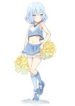  1boy aisu_(icicleshot) bare_shoulders blue_eyes blue_footwear blue_hair blue_shirt blue_skirt blue_socks blush cheerleader closed_mouth commentary crop_top expressionless foot_up frilled_skirt frills full_body highres kneehighs looking_afar looking_ahead male_focus midriff miniskirt navel original otoko_no_ko pom_pom_(cheerleading) shirt shoes short_hair simple_background skirt sleeveless sleeveless_shirt socks solo standing standing_on_one_leg white_background 