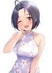  1girl absurdres ahoge b1ack_illust bare_shoulders blue_hair blush breasts collarbone dot_nose dress floral_print hand_on_own_face hand_up highres idolmaster idolmaster_(classic) idolmaster_million_live! idolmaster_million_live!_theater_days large_breasts looking_at_viewer miura_azusa one_eye_closed open_mouth print_dress red_eyes short_hair simple_background sleeveless sleeveless_dress smile solo upper_body white_background white_dress 