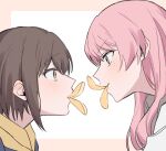  2girls bak_pep blush brown_eyes brown_hair character_request chips_(food) commentary_request copyright_request eye_contact food food_in_mouth grey_eyes korean_commentary long_hair looking_at_another multiple_girls pink_hair pringle_duck short_hair 