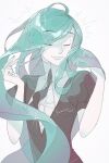  1other adjusting_hair ahoge alexandrite_(houseki_no_kuni) androgynous aqua_hair aqua_nails closed_eyes collared_shirt colored_skin crystal_hair dress_shirt gem gem_uniform_(houseki_no_kuni) glint hand_in_own_hair high_collar highres houseki_no_kuni lips long_hair minmim nail_polish necktie other_focus puffy_short_sleeves puffy_sleeves shirt short_sleeves simple_background smile solo sparkle translucent translucent_hair upper_body very_long_hair white_background white_shirt white_skin 