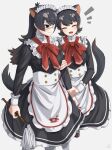  2girls :d ^_^ arm_hug australian_devil_(kemono_friends) black_eyes black_hair closed_eyes deku_suke duster extra_ears eyepatch fang flipped_hair frills grey_pantyhose highres holding holding_duster japari_symbol long_hair long_sleeves maid maid_headdress medical_eyepatch multiple_girls open_mouth pantyhose short_hair simple_background skin_fang sleeve_cuffs smile tasmanian_devil_(kemono_friends) tasmanian_devil_ears tasmanian_devil_tail 