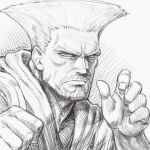  1boy facial_hair fighting_stance goatee graphite_(medium) guile hands_up kuroneco male_focus mustache_stubble official_alternate_costume short_hair solo street_fighter street_fighter_6 traditional_media upper_body 