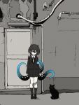  1girl arms_at_sides bandage_on_knee bandaid bandaid_on_leg black_cat blue_armband cat commentary door expressionless gauze greyscale hair_between_eyes hair_over_shoulder half-closed_eyes highres horns indie_virtual_youtuber industrial_pipe kneehighs loafers long_hair long_sleeves looking_at_animal looking_down looking_to_the_side low_twintails monochrome neck_ribbon nkymyura outdoors pleated_skirt ribbon ringed_eyes school_uniform shoes skirt socks solo spot_color standing stitched_neck stitches straight-on tentacles twintails virtual_youtuber wide_shot yamata_ia 