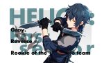  1boy armor black_gloves black_hair character_name gloves gray_reverse hair_between_eyes happy_elements helios_rising_heroes highres holding holding_knife knife male_focus official_art shoulder_armor sleeves_past_elbows solo 