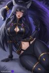  1girl animal_ears arduina_(arduin_art) black_gloves black_pants breasts cleavage cleavage_cutout clothing_cutout contrapposto delta_(kage_no_jitsuryokusha_ni_naritakute!) gloves highres kage_no_jitsuryokusha_ni_naritakute! large_breasts lips looking_at_viewer midriff_peek navel on_ground open_mouth pants purple_eyes purple_hair sitting solo tail tail_ornament wolf_ears wolf_tail 