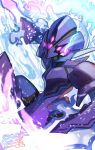  absurdres blue_fire blurry ceruledge commentary eye_trail fire flaming_eye highres light_trail nez-box pointy_ears pokemon pokemon_(creature) purple_eyes sideways_glance signature solo 