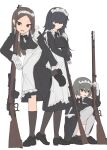  3girls absurdres apron black_hair bolt_action brown_eyes brown_hair covered_eyes gloves gun highres ismuth_(bibibibirite) leaning_on_object lee-enfield long_hair looking_at_viewer maid maid_apron maid_headdress multiple_girls original rifle squatting weapon white_background white_gloves 
