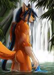  alty anthro back_muscles blue_hair butt canid canine clothing detailed_background digital_media_(artwork) fox fur greenpanda hair hi_res holding_clothing holding_object holding_speedo holding_swimwear male mammal multicolored_body multicolored_fur muscular muscular_anthro muscular_male nude orange_body orange_fur orange_tail red_fox solo speedo swimwear tail tan_body tan_fur tropics two_tone_body two_tone_fur waterfall yellow_eyes 