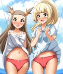  2girls absurdres arms_behind_back blonde_hair blue_ribbon blue_sailor_collar blue_sky blurry blurry_background blush bow bow_panties brown_eyes brown_hair clenched_hands clothes_lift cloud cloudy_sky commentary_request crotch_seam day dress fishing_hook fishing_line frown green_eyes hair_ornament highres horizon jasmine_(pokemon) lifted_by_another lillie_(pokemon) long_hair looking_at_viewer miniskirt multiple_girls navel neck_ribbon open_mouth outdoors panties pantyshot pleated_skirt pokemon pokemon_(game) pokemon_hgss pokemon_sm ponytail red_panties ribbon sailor_collar shirt short_dress skirt skirt_lift sky sleeveless sleeveless_dress standing sundress sweatdrop trembling two_side_up underwear white_dress white_shirt white_skirt zanntetu 