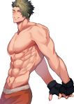  1boy abs absurdres achilles_(fate) adam&#039;s_apple arms_behind_back bara black_gloves boxers brown_eyes fate/apocrypha fate_(series) fingerless_gloves from_side gloves grin haruakira highres large_pectorals looking_at_viewer male_focus male_underwear muscular muscular_male navel one_eye_closed orange_male_underwear pectorals short_hair simple_background smile undercut underwear white_background 
