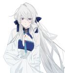  1girl arknights blue_bow blue_eyes bow chinese_clothes detached_collar dress drkt hair_bow head_wings long_hair long_sleeves looking_at_viewer mulberry_(arknights) mulberry_(reflection_that_of_the_moons)_(arknights) parted_lips solo tassel upper_body very_long_hair white_dress white_hair wings 