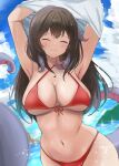  1girl absurdres armpits arms_up azur_lane bikini black_hair blue_sky blush breasts closed_eyes closed_mouth cloud fang highres large_breasts long_hair looking_at_viewer navel official_alternate_costume red_bikini royal_fortune_(azur_lane) royal_fortune_(eyes_on_the_prize)_(azur_lane) skin_fang sky smile solo soul_(dp11) sparkle stomach suction_cups swimsuit tentacle_hair tentacles water wet 