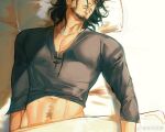  1boy adam&#039;s_apple bara beard_stubble clothes_lift from_above head_out_of_frame highres long_hair male_focus mature_male medium_hair midriff_peek mustache_stubble navel_hair on_bed pectoral_cleavage pectorals shirt_lift sleeping snake_(vinland_saga) solo sunlight thick_eyebrows toned toned_male vinland_saga zuoshan123 