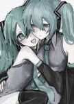  2girls black_sleeves blue_eyes blue_hair blue_necktie clone detached_sleeves fukuda_awo grey_shirt hatsune_miku highres hug multiple_girls necktie shirt sketch smile thousand_yard_stare twintails vocaloid white_background 