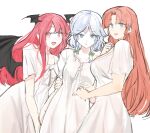  3girls alternate_costume aqua_eyes bat_wings blue_eyes bow braid dress fang frilled_dress frills green_bow grey_hair hair_bow highres hong_meiling izayoi_sakuya koakuma leaning_to_the_side long_hair looking_at_viewer medium_hair multiple_girls open_mouth orange_hair pajamas red_eyes red_hair sarukana simple_background smile touhou twin_braids white_background white_dress white_pajamas wings 