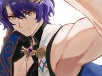  1boy arm_up armpit_focus armpits bishounen blue_hair closed_mouth dr._ratio_(honkai:_star_rail) highres honkai:_star_rail honkai_(series) jzhen_zhen light_smile male_focus muscular muscular_male pectoral_cleavage pectorals short_hair simple_background solo v-shaped_eyebrows white_background 