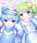  2girls blue_bow blue_dress blue_eyes blue_hair blush bow cirno coa_(chroo_x) daiyousei detached_wings dress fairy green_hair hair_bow hair_ornament highres ice ice_wings multiple_girls open_mouth parted_lips short_hair side_ponytail sleeves_past_fingers sleeves_past_wrists smile touhou wings x_hair_ornament 