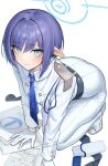  1girl absurdres all_fours aoi_(blue_archive) ass blue_archive blue_eyes blue_hair blue_necktie gloves gun highres ildy jacket long_sleeves looking_at_viewer mole mole_under_eye necktie pants paper pointy_ears short_hair solo weapon white_gloves white_jacket white_pants 
