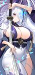  1girl absurdres azur_lane blush breasts bug butterfly butterfly_over_eye dress floral_print hair_over_one_eye hand_up highres holding holding_sword holding_weapon japanese_clothes kaki_z3 large_breasts lips long_hair long_sleeves looking_at_viewer multicolored_hair parted_lips purple_eyes purple_hair revision side_slit solo streaked_hair sword tight_clothes tight_dress unzen_(azur_lane) very_long_hair weapon white_dress white_hair wide_sleeves 
